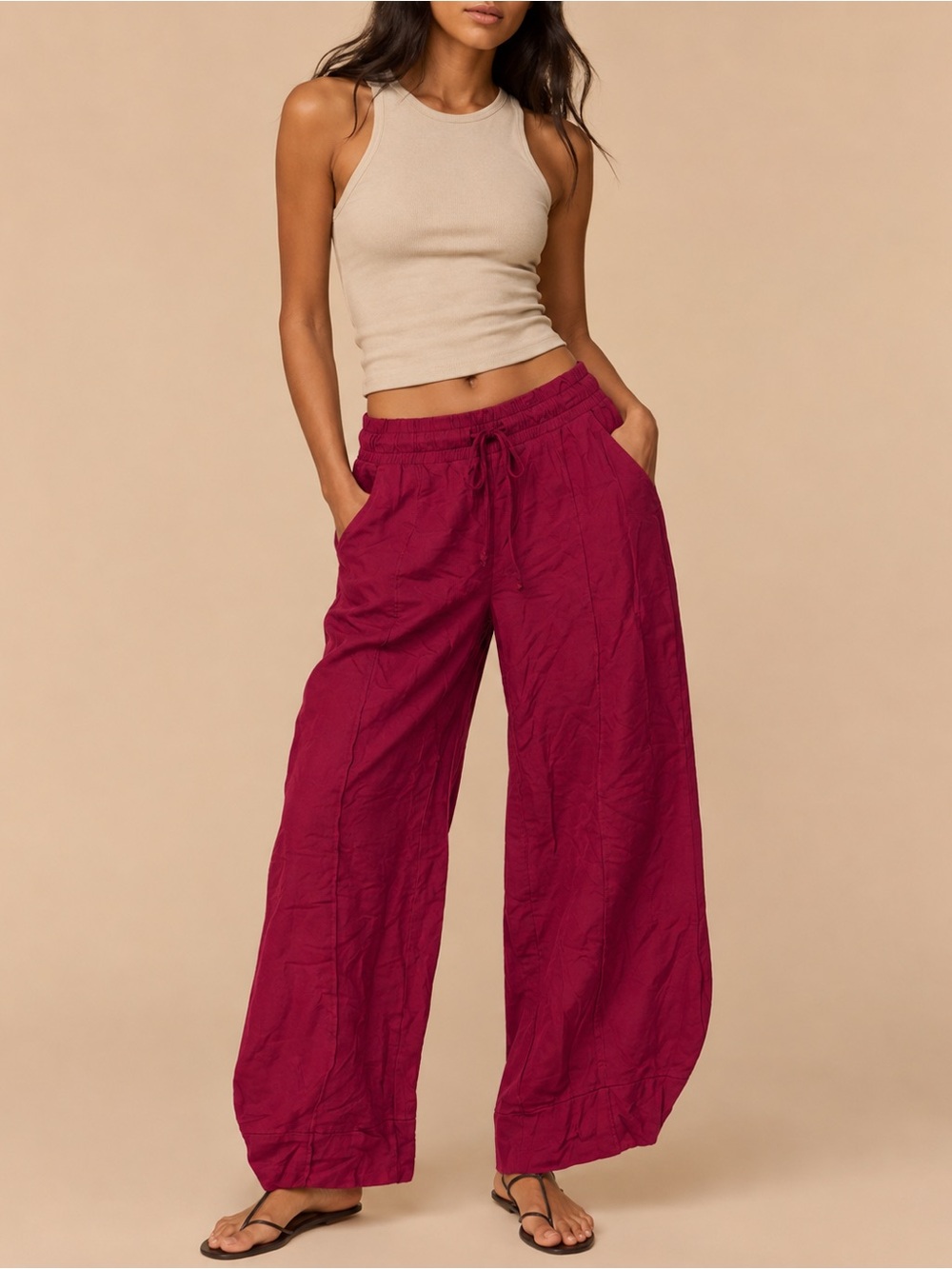Relaxed Wide-Leg Drawstring Pants in Deep Raspberry